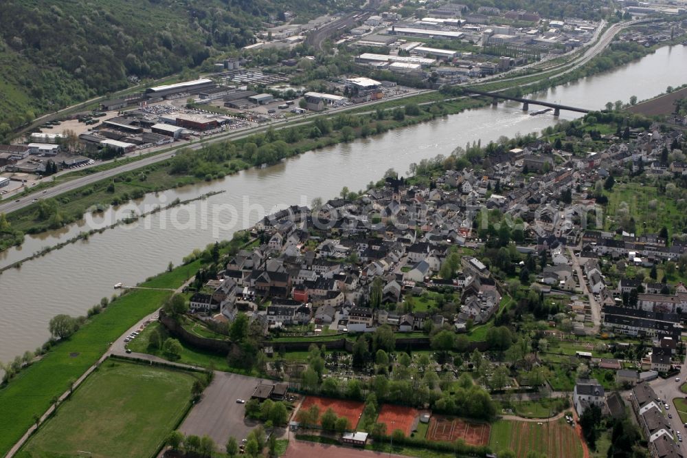 Aerial image Trier - View of the historic town district Pfalzel. The district is situated on the banks of the Mosel area. The village is surrounded by an old castle wall. The district belongs to Trier in Rhineland-Palatinate