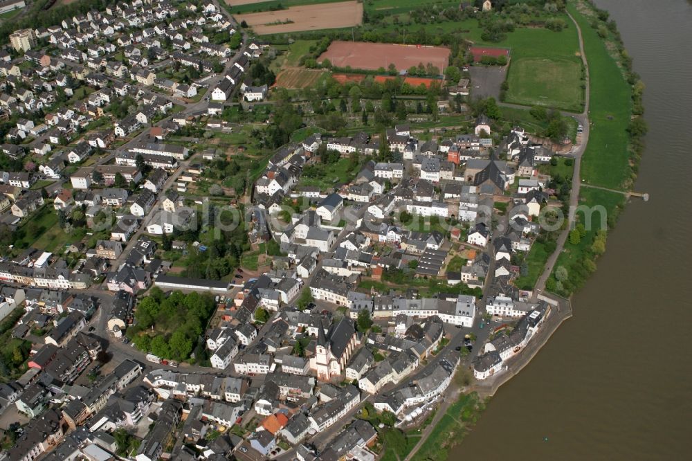 Trier from the bird's eye view: View of the historic town district Pfalzel. The district is situated on the banks of the Mosel area. The village is surrounded by an old castle wall. The district belongs to Trier in Rhineland-Palatinate