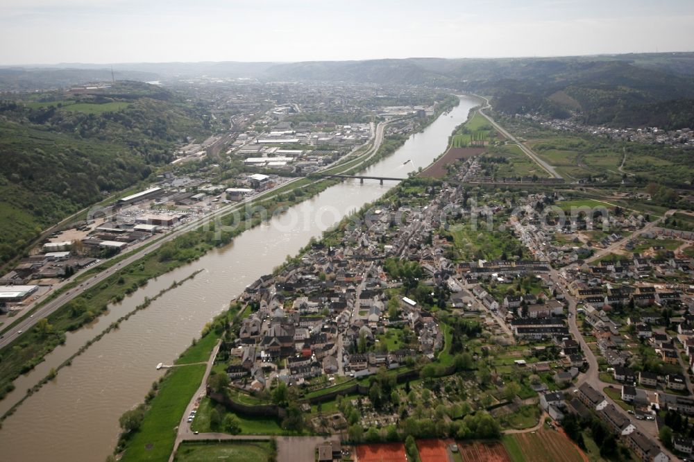 Trier from above - View of the historic town district Pfalzel. The district is situated on the banks of the Mosel area. The village is surrounded by an old castle wall. The district belongs to Trier in Rhineland-Palatinate