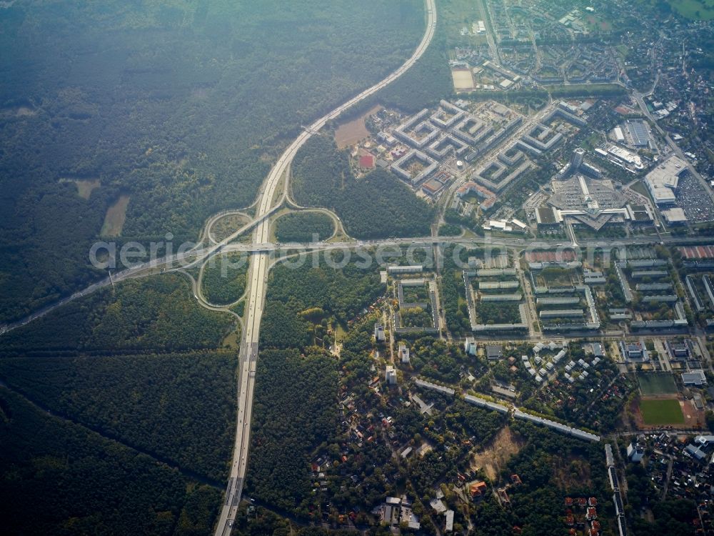 Aerial photograph Potsdam - District Potsdam Suedost with its residential area and the nearby motorway A115 aswell as the road Nuthestrasse and nearby forestland in the city in Potsdam in the state Brandenburg