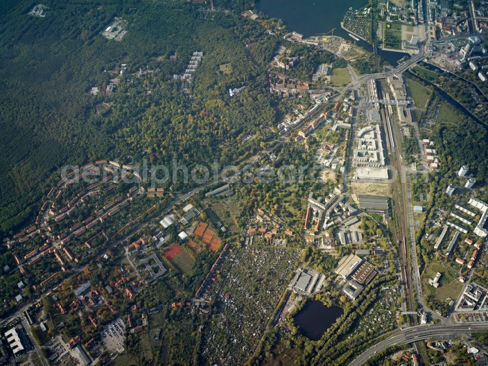 Potsdam from above - District Potsdam Sued with its residential area and nearby forestland aswell as the rails of the Deutsche Bahn AG and the river Havel in the city in Potsdam in the state Brandenburg