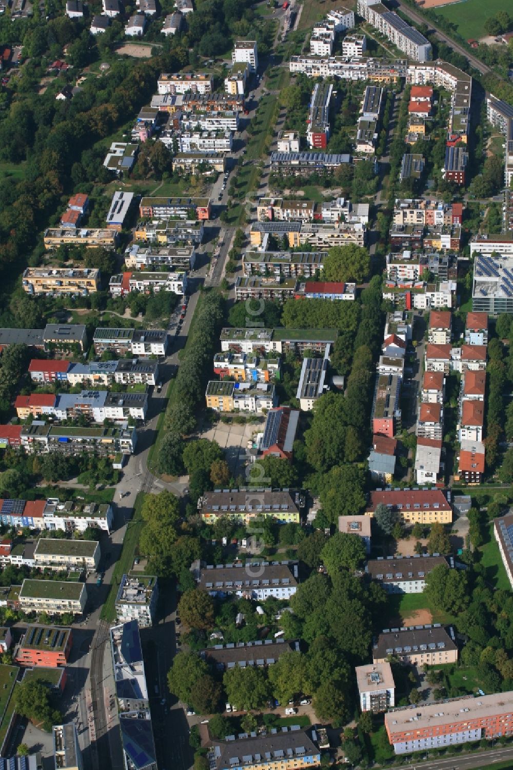 Freiburg im Breisgau from the bird's eye view: District Vauban in the city in Freiburg im Breisgau in the state Baden-Wurttemberg, Germany