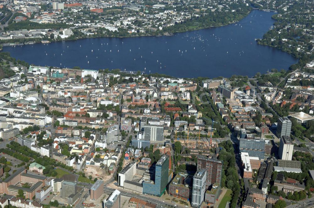 Aerial image Hamburg - Blick auf den Stadtteil Sankt Georg an der Außenalster, u.a. mit Bürogebäuden an der Strasse Beim Strohhause. Kontakt: Hamburg Tourismus GmbH, Steinstrasse 7, 20095 Hamburg, Tel: +49(0)40 30051 300, Fax +49(0)40 30051 333, Email: info@hamburg-tourismus.de