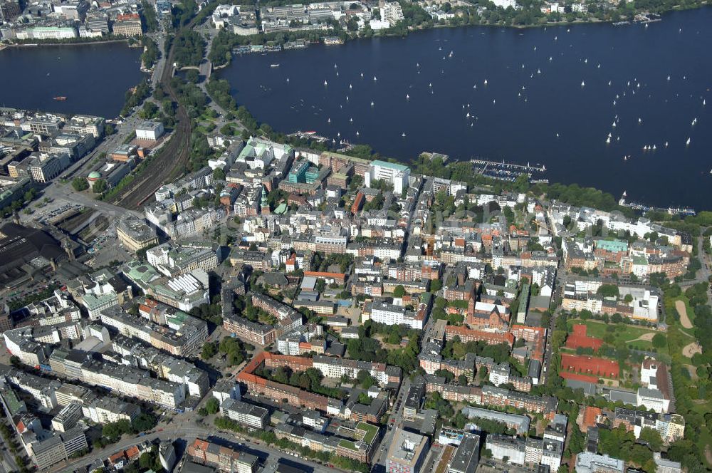 Aerial image Hamburg - Blick auf den Stadtteil Sankt Georg mit dem Straßenverlauf Steindamm Ecke Danziger Strasse, im Hintergrund die Binnenalster und Außenalster. Kontakt: Hamburg Tourismus GmbH, Steinstrasse 7, 20095 Hamburg, Tel: +49(0)40 30051 300, Fax +49(0)40 30051 333, Email: info@hamburg-tourismus.de