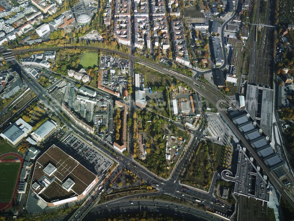 Berlin from the bird's eye view: District Schoeneberg with a branch of the furniture store of the Moebel Kraft AG at the Sachsendamm - federal road BAB A 100 in the city in Berlin. In the picture the suburban train station Suedkreuz