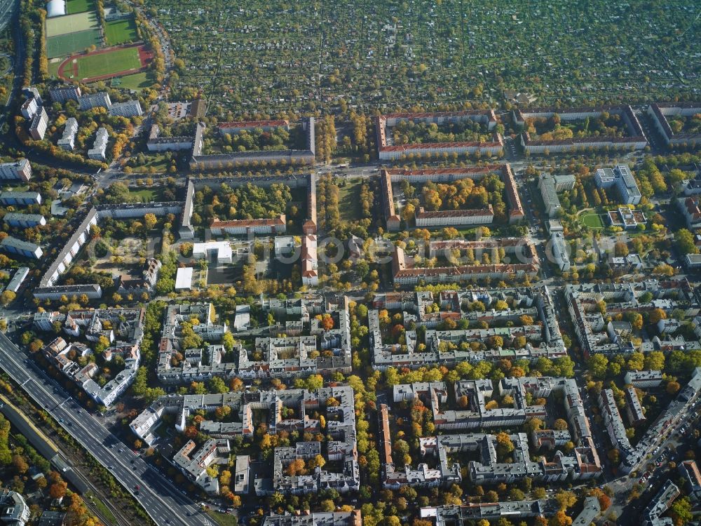 Berlin from above - District Schoeneberg with residential area along the federal highway BAB A 103 - Grazer Damm - Thorwaldsenstrasse around the Grazer square in the city in Berlin