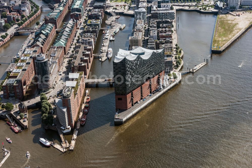 Hamburg from above - District Speicherstadt with Blick auf die Elbphilharmonie in the city in Hamburg, Germany