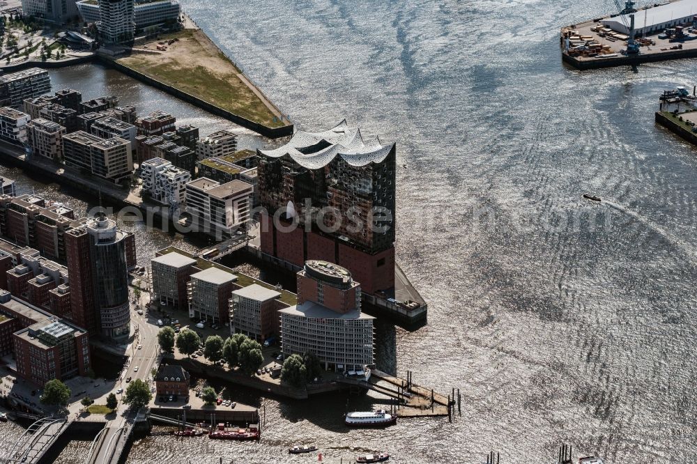 Aerial image Hamburg - District Speicherstadt with Blick auf die Elbphilharmonie in the city in Hamburg, Germany