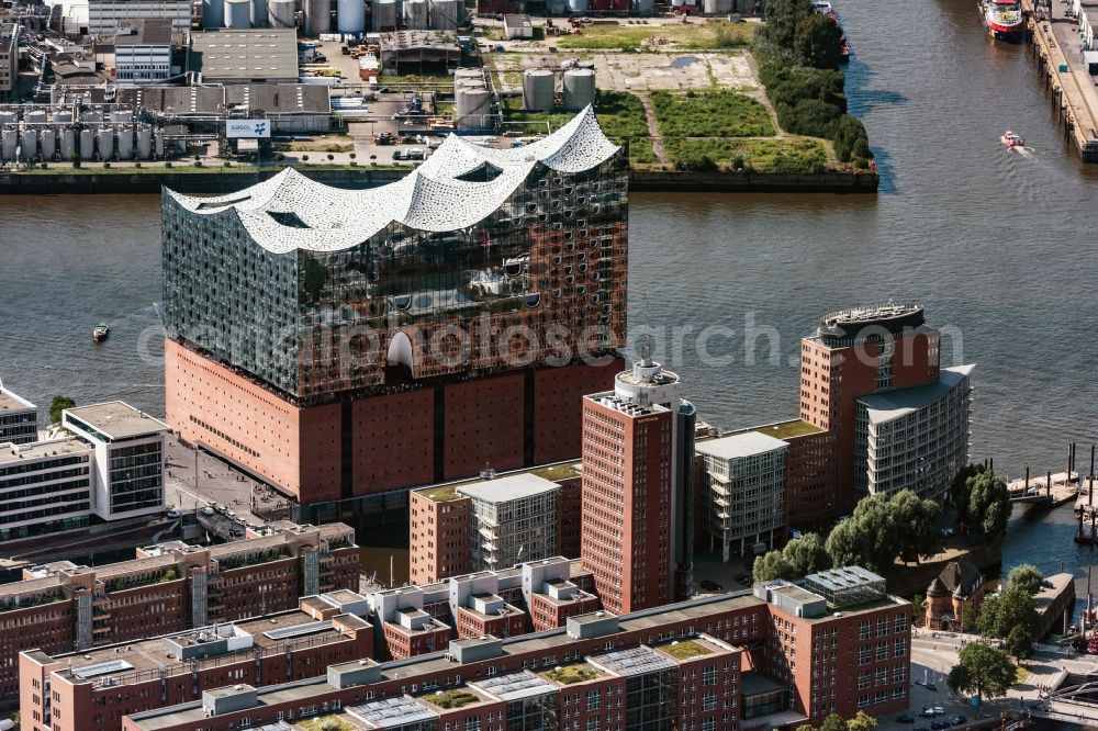 Hamburg from above - District Speicherstadt with Blick auf die Elbphilharmonie in the city in Hamburg, Germany