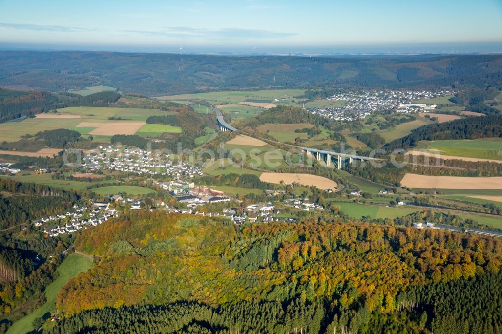 Meschede from above - District Wehrstapel in the city at the motorway A46 in Meschede in the state North Rhine-Westphalia