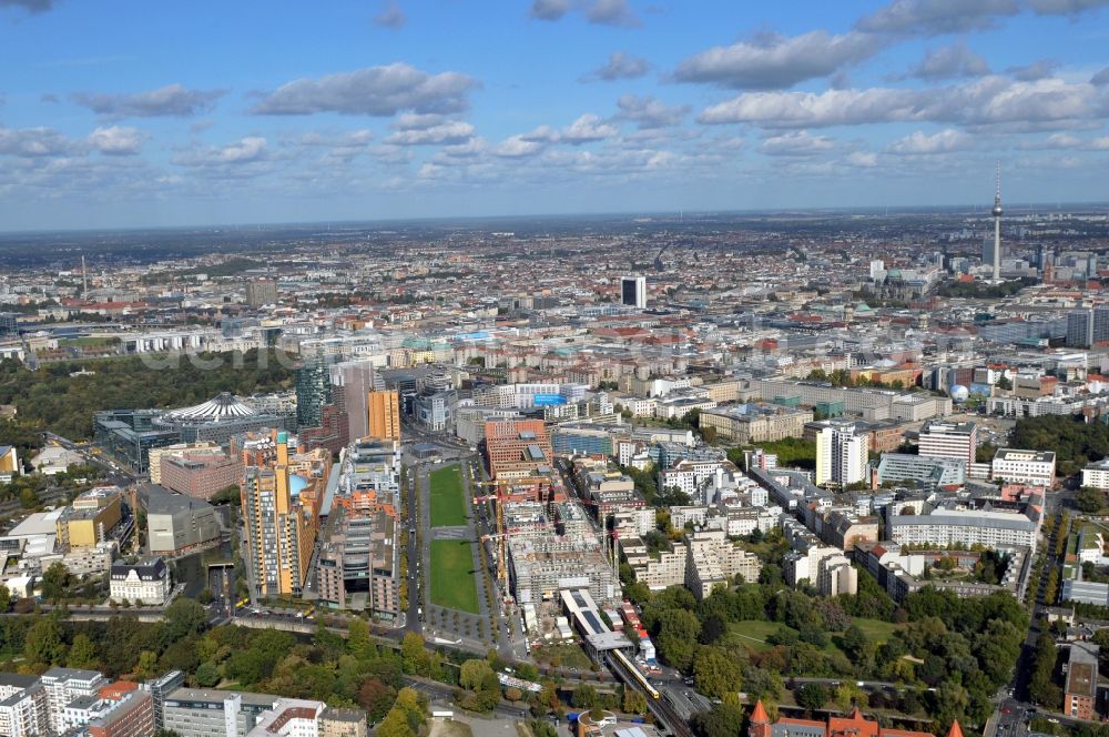 Aerial photograph Berlin - View at the buildings of the Park Colonnade at the Potsdamer Platz in the district Mitte in Berllin. The ensemble consists of five individual buildings, designed by the architect Giorgio Grassi. The individual buildings were each designed by different architects. On the so-called Berlin mix offices, restaurants, bars, shops and flats are here located. Responsible for the Park Colonnades is the HVB Immobilien AG