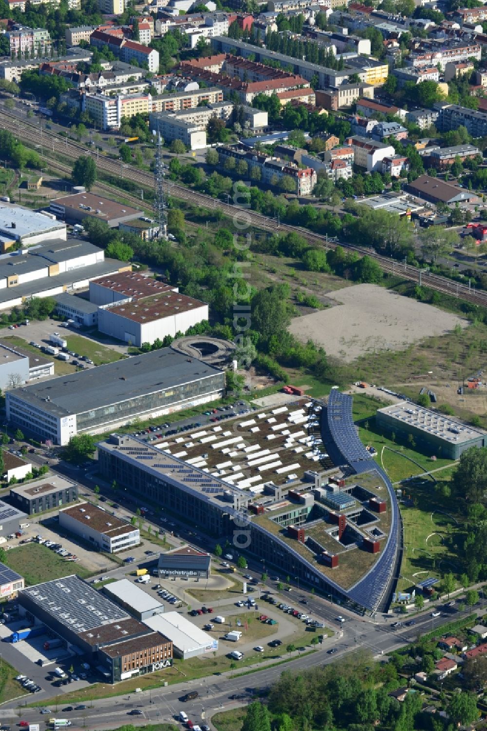 Berlin from above - View of the Adlershof part and Technologypark in the Treptow-Koepenick district of Berlin in Germany. Adlershof consists of the technology park and industrial area and wide green areas and residential estates. Elaborate architecture is characteristic for the economy location