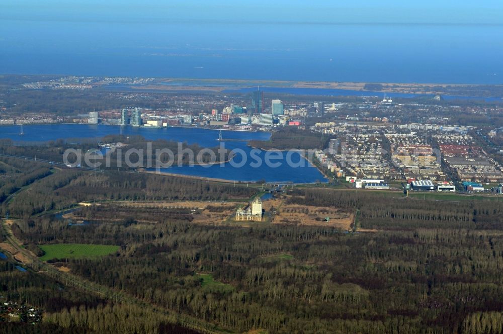 Aerial image Almere - Partial view of the city Almere at the shore of the North Sea with views of the Kasteel Almere and the lake Weerwater in the province of Flevoland in the Netherlands
