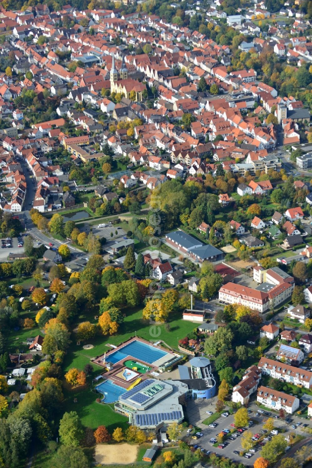 Aerial image Lemgo - View onto the old city of Lemgo in the state North Rhine-Westphalia. There is also the waterpark Eau Le. The water park Eau Le offers saunas; massages; open-air pools and indoor swimming pools