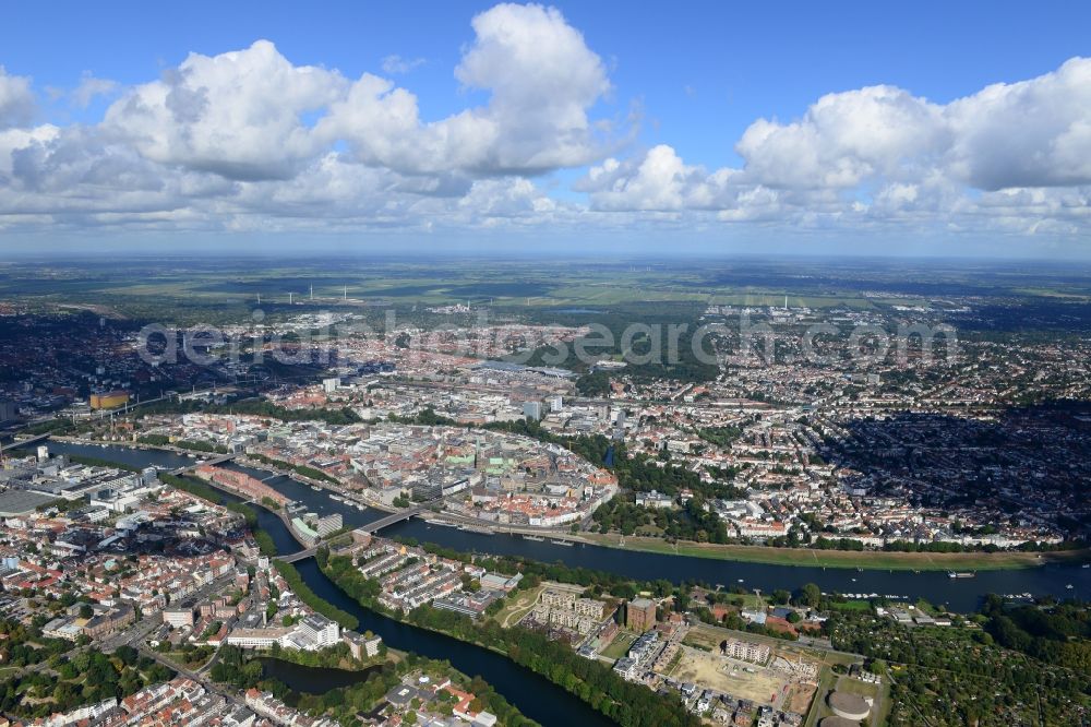 Bremen from above - View of the historic city centre of the Hanseatic city with the Teerhof peninsula between the river Weser and its branch Kleine Weser in Bremen in Germany