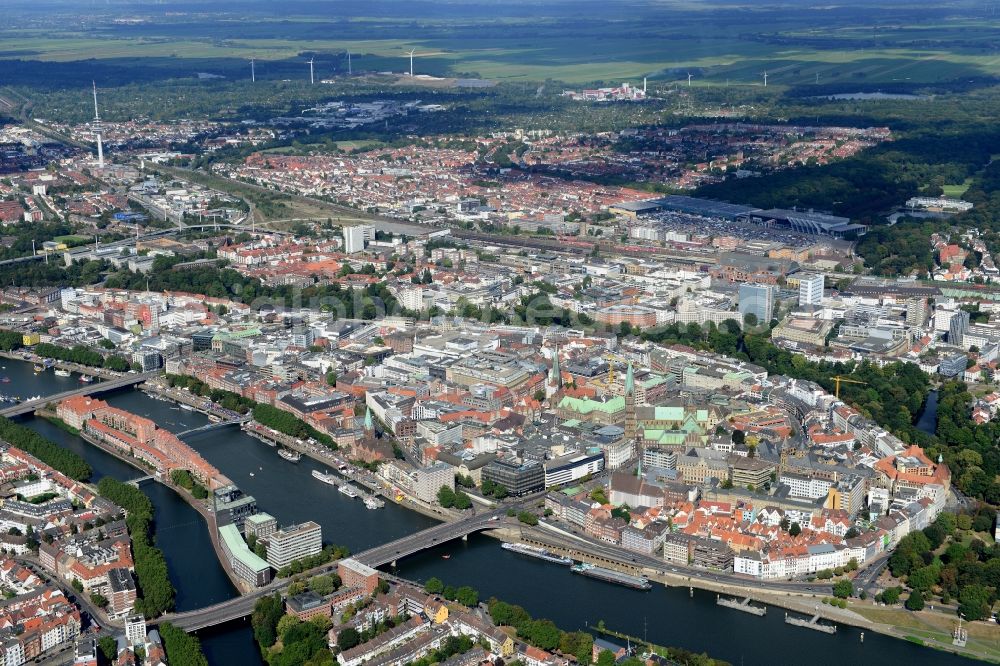 Bremen from above - View of the historic city centre of the Hanseatic city with the Teerhof peninsula between the river Weser and its branch Kleine Weser in Bremen in Germany