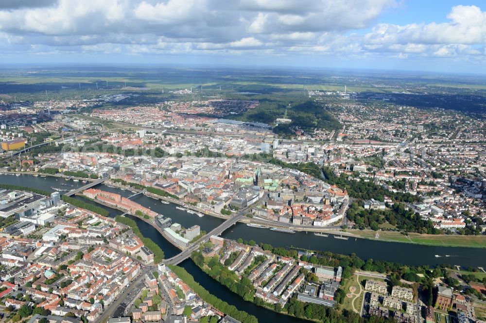 Bremen from above - View of the historic city centre of the Hanseatic city with the Teerhof peninsula between the river Weser and its branch Kleine Weser in Bremen in Germany