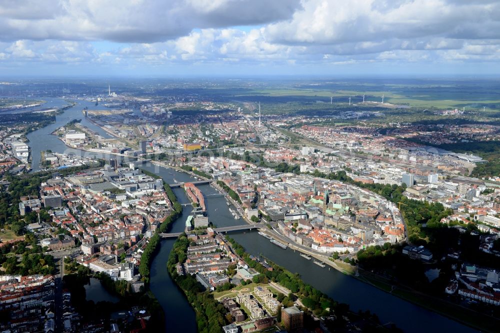 Bremen from above - View of the historic city centre of the Hanseatic city with the Teerhof peninsula between the river Weser and its branch Kleine Weser in Bremen in Germany