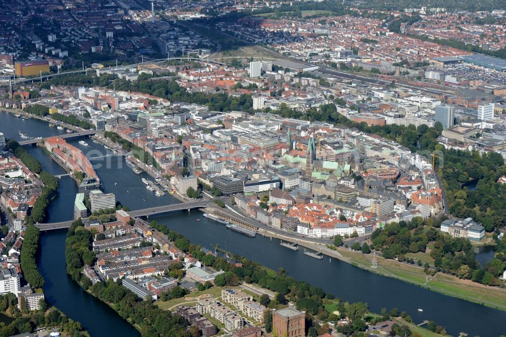 Aerial image Bremen - View of the historic city centre of the Hanseatic city with the Teerhof peninsula between the river Weser and its branch Kleine Weser in Bremen in Germany