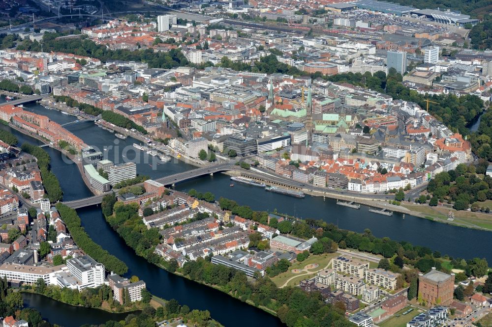 Aerial image Bremen - View of the historic city centre of the Hanseatic city with the Teerhof peninsula between the river Weser and its branch Kleine Weser in Bremen in Germany