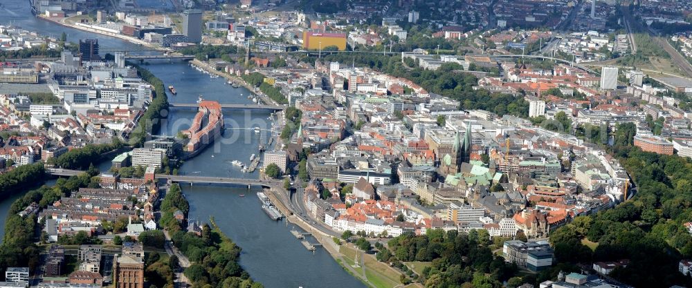 Aerial image Bremen - View of the historic city centre of the Hanseatic city with the Teerhof peninsula between the river Weser and its branch Kleine Weser in Bremen in Germany