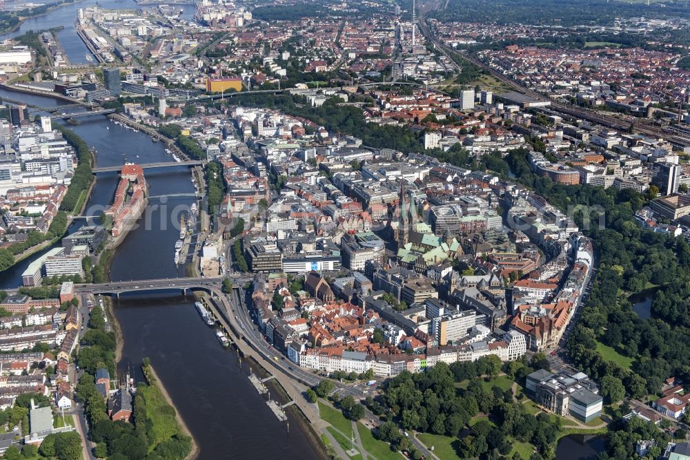 Bremen from above - View of the historic city centre of the Hanseatic city with the medieval Schnoor part in the foreground in Bremen in Germany