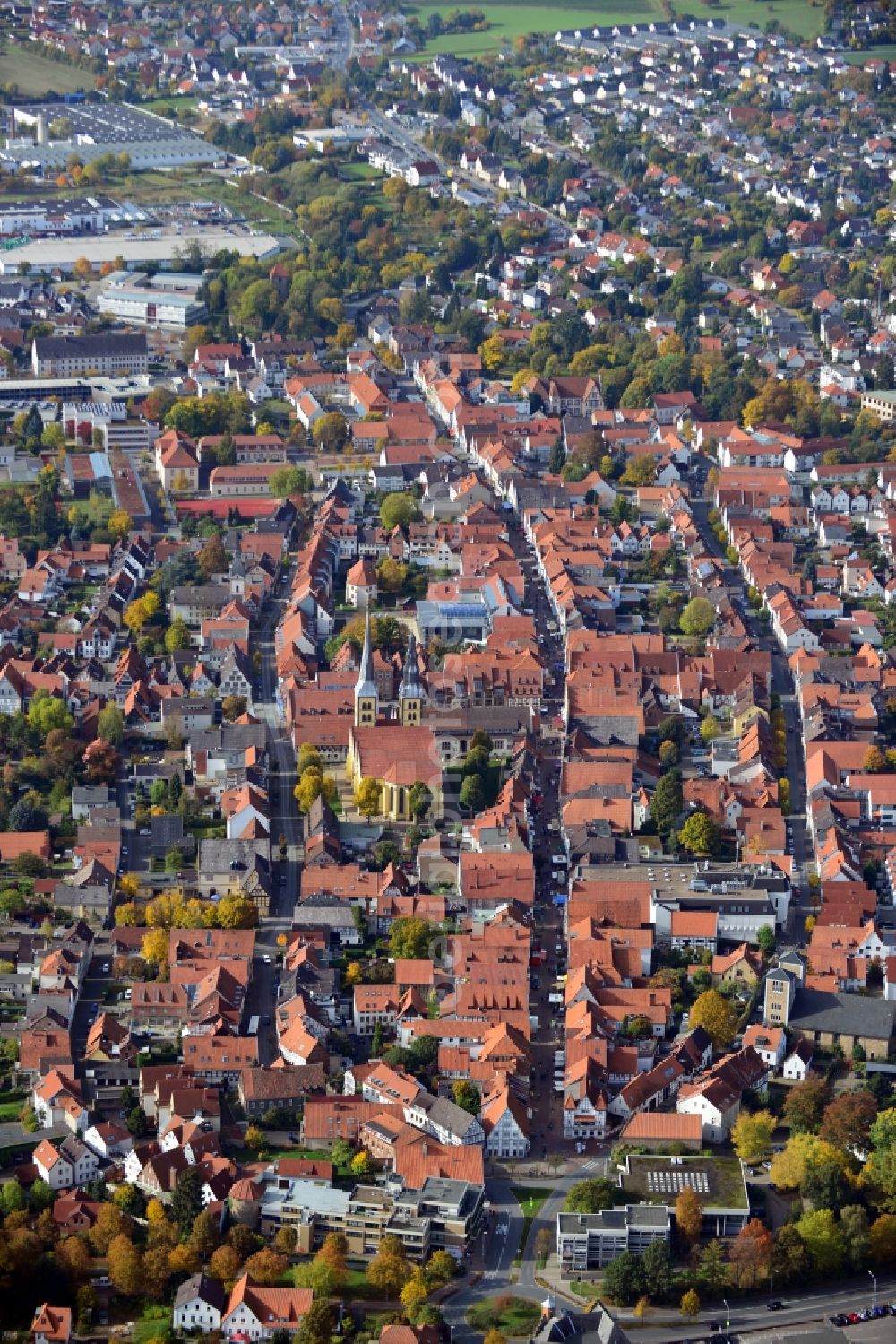 Lemgo from above - View onto the old city of Lemgo in the state North Rhine-Westphalia. Catch sight of the Church St. Nicolai. It is a evangelical-lutheran parish church