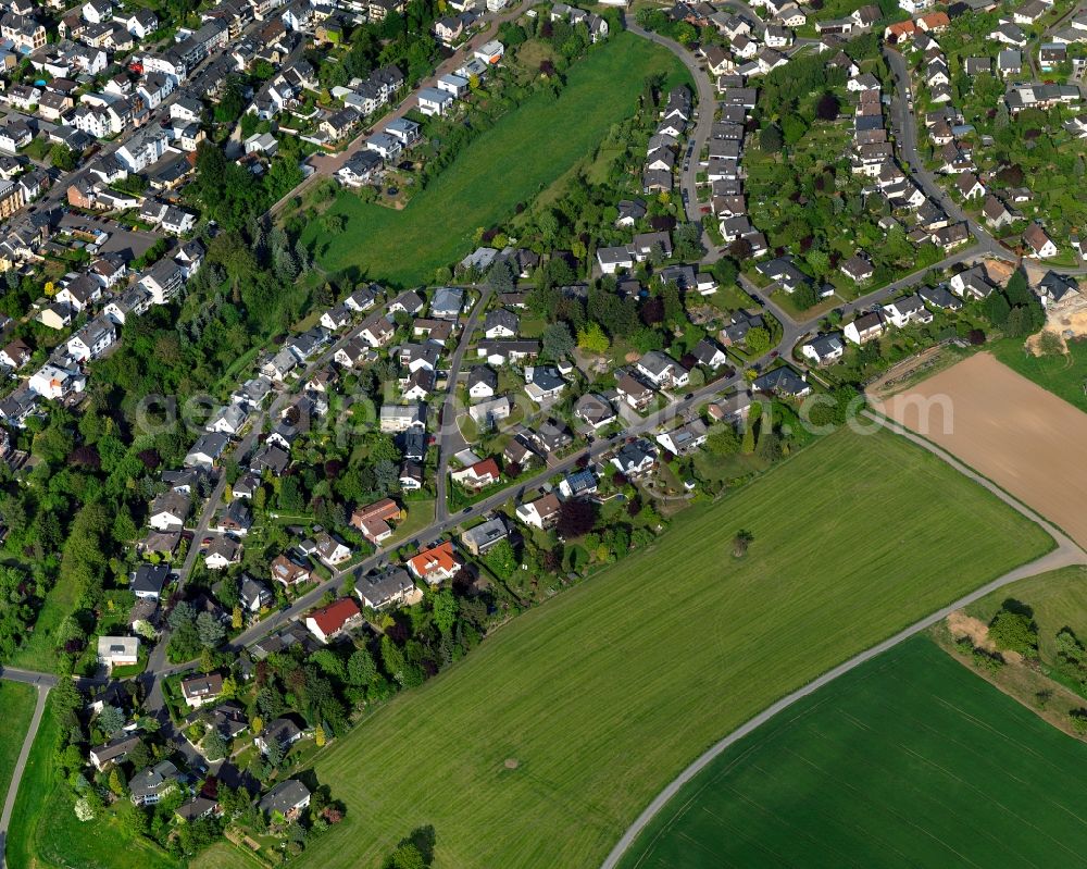 Koblenz from above - View of the Arenberg part of Koblenz in the state Rhineland-Palatinate. Koblenz is located on both sides of the rivers Rhine and Moselle and is surrounded by hills and fields. It is a university town and one of the oldest towns of Germany. The Arenberg part is located on the right riverbank of the Rhine and is a place of pilgrimage