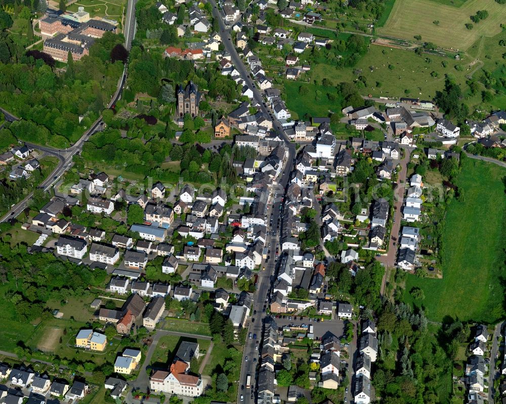 Koblenz from the bird's eye view: View of the Arenberg part of Koblenz in the state Rhineland-Palatinate. Koblenz is located on both sides of the rivers Rhine and Moselle and is surrounded by hills and fields. It is a university town and one of the oldest towns of Germany. The Arenberg part is located on the right riverbank of the Rhine and is a place of pilgrimage