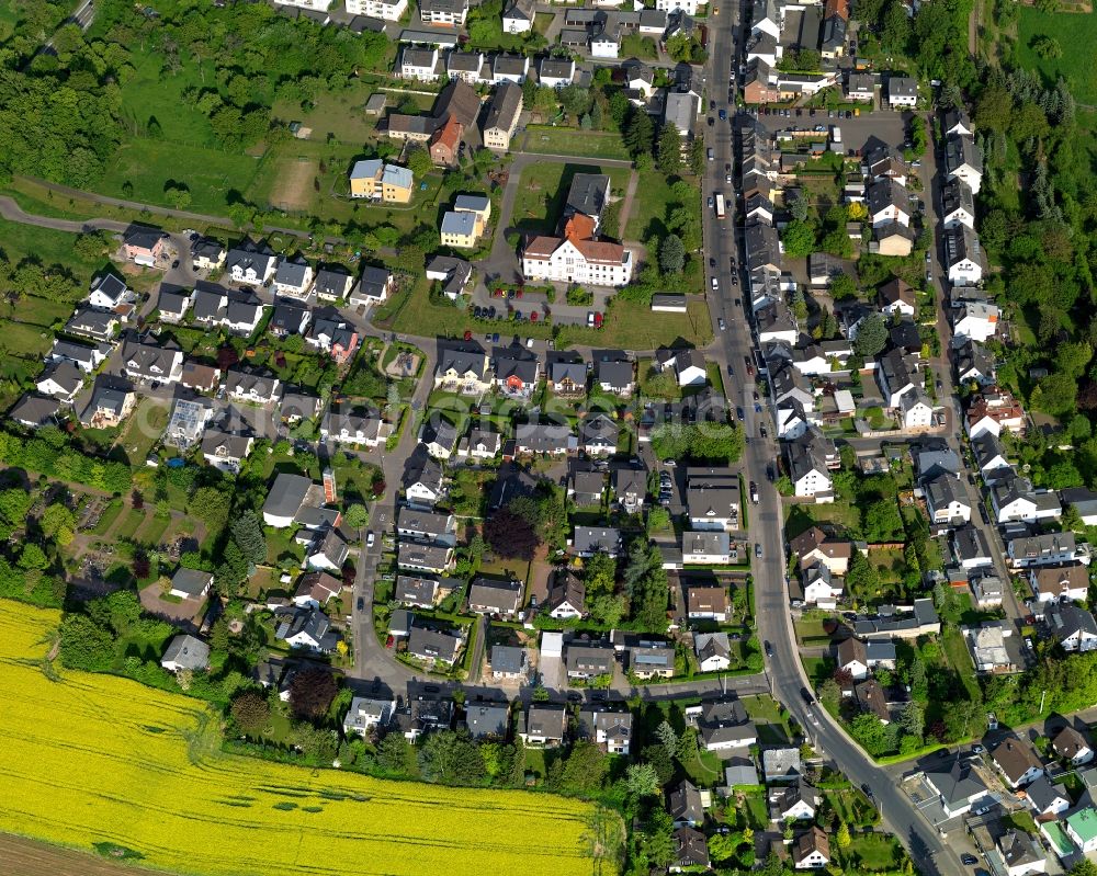 Aerial image Koblenz - View of the Arenberg part of Koblenz in the state Rhineland-Palatinate. Koblenz is located on both sides of the rivers Rhine and Moselle and is surrounded by hills and fields. It is a university town and one of the oldest towns of Germany. The Arenberg part is located on the right riverbank of the Rhine and is a place of pilgrimage