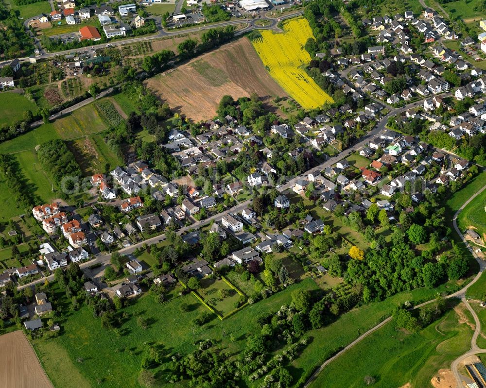 Aerial photograph Koblenz - View of the Arenberg part of Koblenz in the state Rhineland-Palatinate. Koblenz is located on both sides of the rivers Rhine and Moselle and is surrounded by hills and fields. It is a university town and one of the oldest towns of Germany. The Arenberg part is located on the right riverbank of the Rhine and is a place of pilgrimage