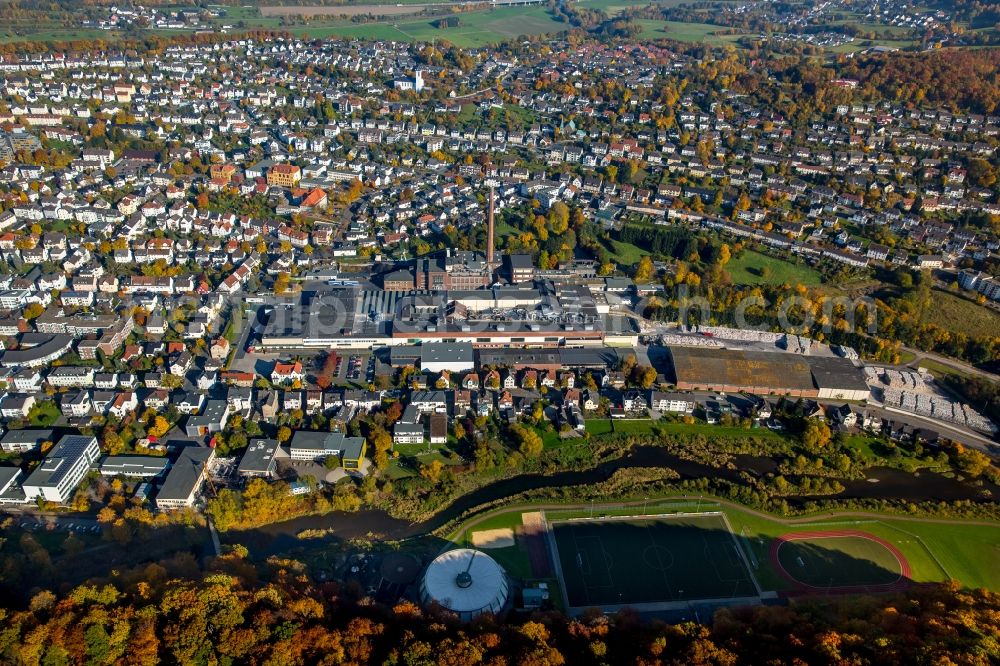 Arnsberg from the bird's eye view: View of Arnsberg with the Reno De Medici work in the state of North Rhine-Westphalia. The producer of cardboard products has its works in the West of the town