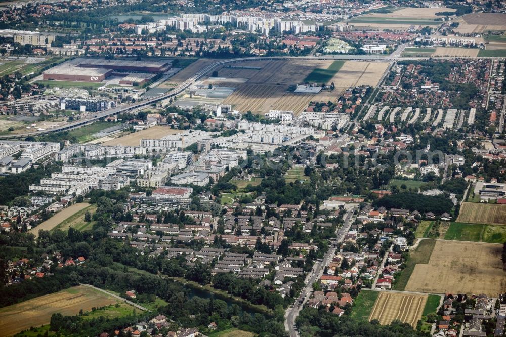 Wien from the bird's eye view: View of the Aspern part of the 22nd district Donaustadt of Vienna in Austria. Aspern is located in the Southeast of the district and widely consists of residential areas and estates