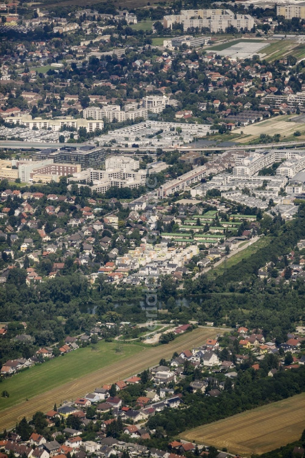 Aerial image Wien - View of the Aspern part of the 22nd district Donaustadt of Vienna in Austria. Aspern is located in the Southeast of the district and widely consists of residential areas and estates