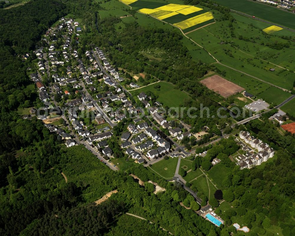 Sinzig from above - View of the Bad Bodendorf part of Sinzig in the state of Rhineland-Palatinate. The spa town is often called the Gate to Ahr Valley. South of the river Ahr, there is a residential area with single family homes and sports facilities