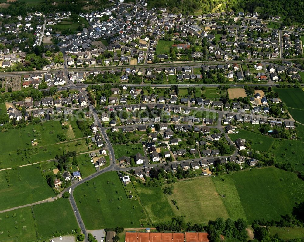 Sinzig from above - View of the Bad Bodendorf part of Sinzig in the state of Rhineland-Palatinate. The spa town is often called the Gate to Ahr Valley. North of the river Ahr, there is a residential area with single family homes and sports facilities