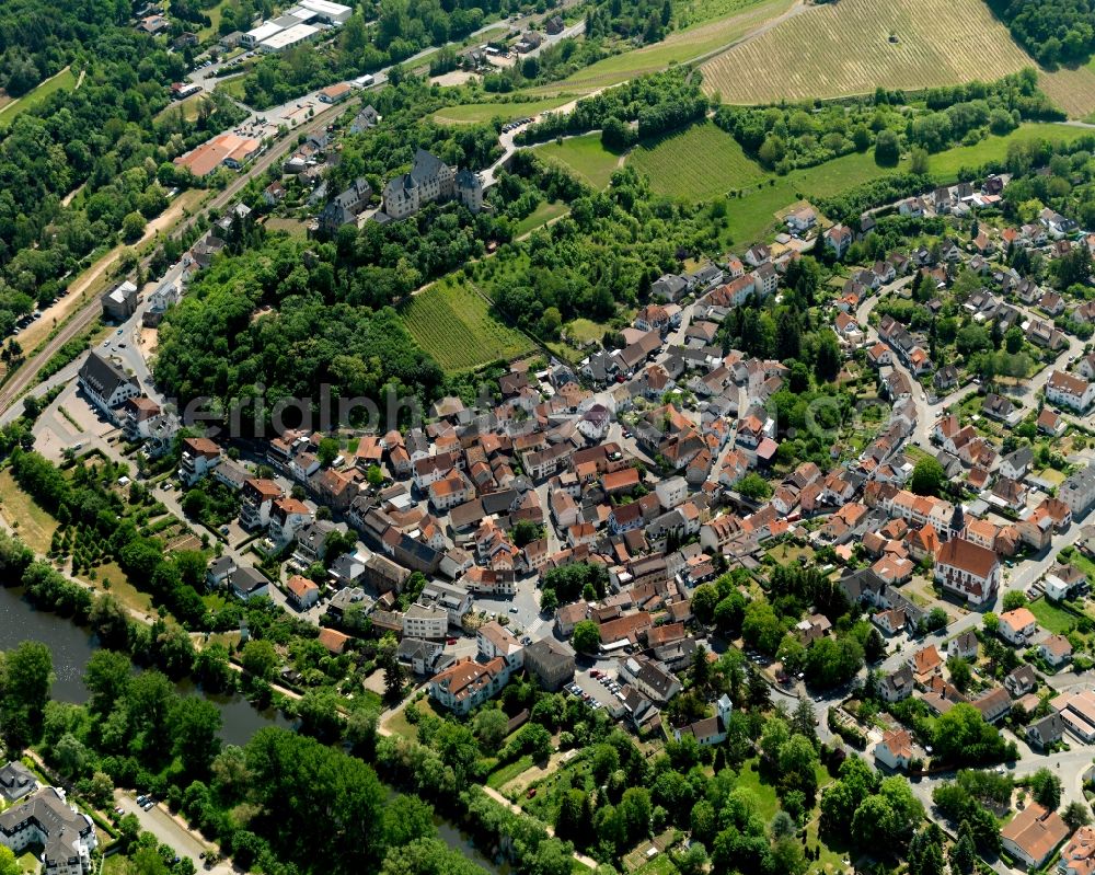 Aerial image Bad Münster am Stein-Ebernburg - View of the Bad Muenster am Stein-Ebernburg part of Bad Kreuznach in the state of Rhineland-Palatinate. Bad Muenster is a spa resort and has been made a district of Bad Kreuznach in 2014. It is located in the valley of the river Nahe, surrounded by forest which are landmarks and important tourist sites, forest and vineyards