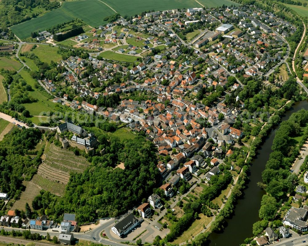 Bad Münster am Stein-Ebernburg from above - View of the Bad Muenster am Stein-Ebernburg part of Bad Kreuznach in the state of Rhineland-Palatinate. Bad Muenster is a spa resort and has been made a district of Bad Kreuznach in 2014. It is located in the valley of the river Nahe, surrounded by forest which are landmarks and important tourist sites, forest and vineyards