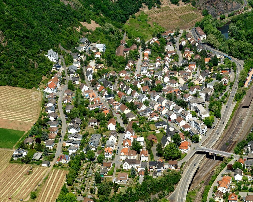 Aerial image Bad Münster am Stein-Ebernburg - View of the Bad Muenster am Stein-Ebernburg part of Bad Kreuznach in the state of Rhineland-Palatinate. Bad Muenster is a spa resort and has been made a district of Bad Kreuznach in 2014. It is located in the valley of the river Nahe, surrounded by forest which are landmarks and important tourist sites, forest and vineyards. The federal highway 48 and railway tracks take their courses through the town