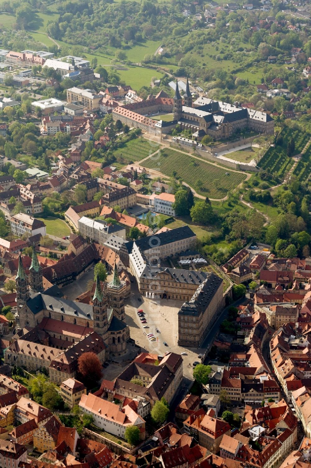 Bamberg from above - Partial view of the city of Bamberg in Bavaria. On display are the former convent Michelsberg in the background and the cathedral of Bamberg in the foreground