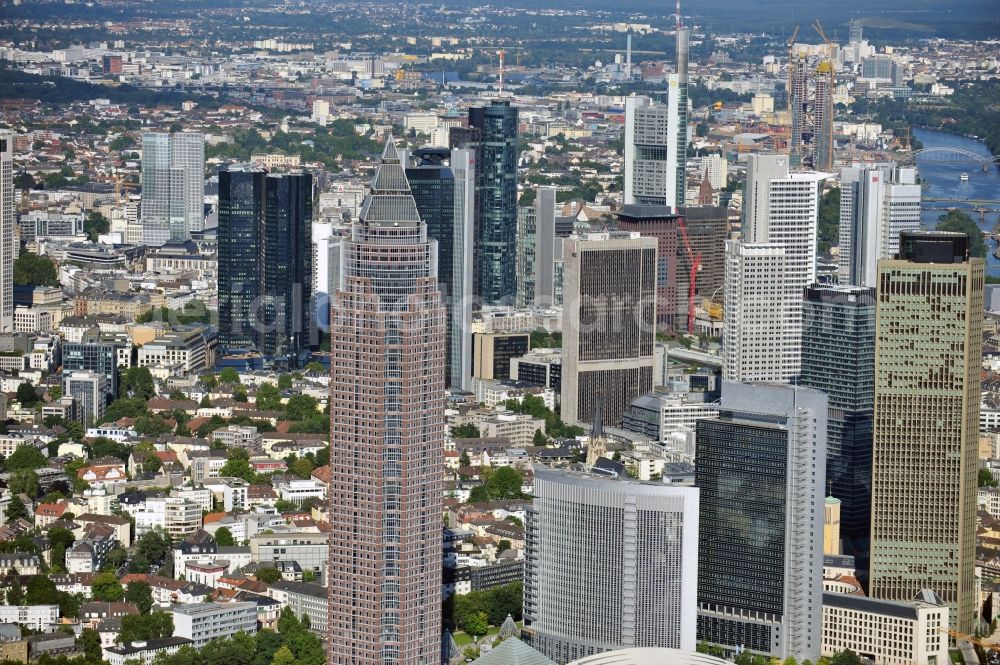 Aerial image Frankfurt am Main - View of the banking district of Frankfurt on the Main in the state Hesse. Among others you can catch sight of the highrises Kastor and Pollux, the Park Tower, the Opernturm, the Westend Duo and the Messeturm. /