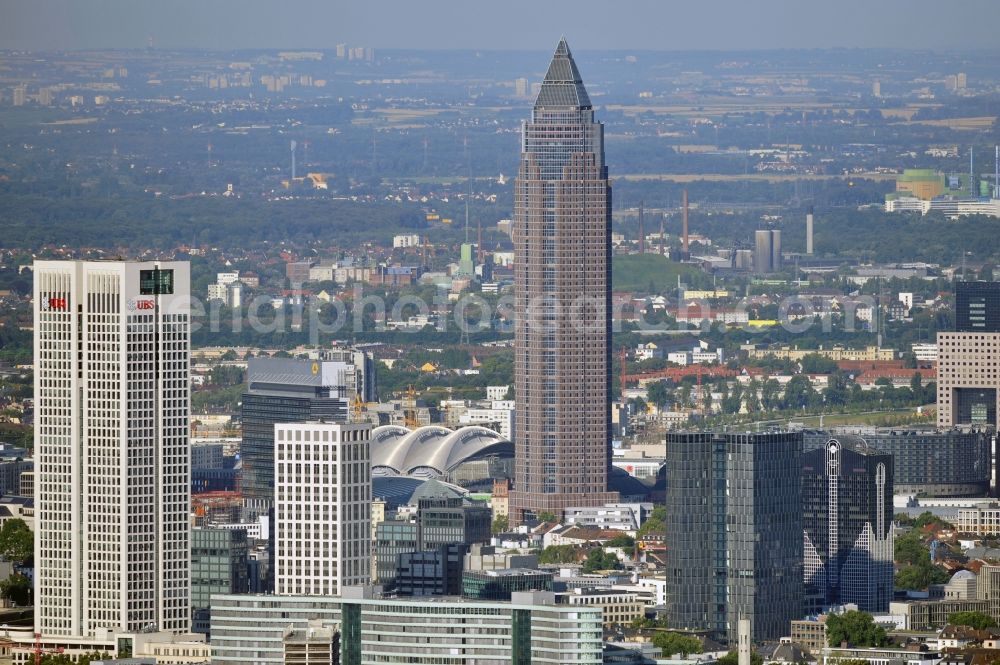 Aerial photograph Frankfurt am Main - View of the banking district of Frankfurt on the Main in the state Hesse. Among others you can catch sight of the highrises Kastor and Pollux, the Park Tower, the Opernturm, the Westend Duo and the Messeturm