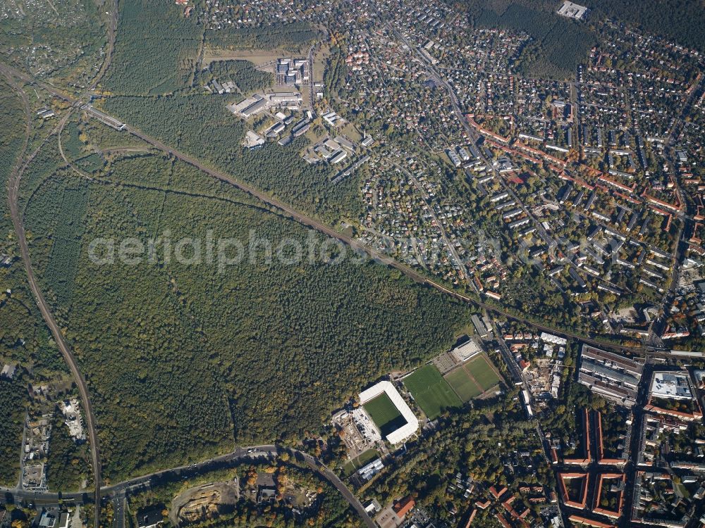 Berlin from the bird's eye view: View of the Berlin-Koepenick part of the district of Treptow-Koepenick in Berlin. The northern most part of Koepenick is located on the edge of the Wuhlheide forest region and is the site of the football stadium An der alten Foersterei, the home stadium of the 1st FC Union Berlin, which is located on the An der Wuhlheide street