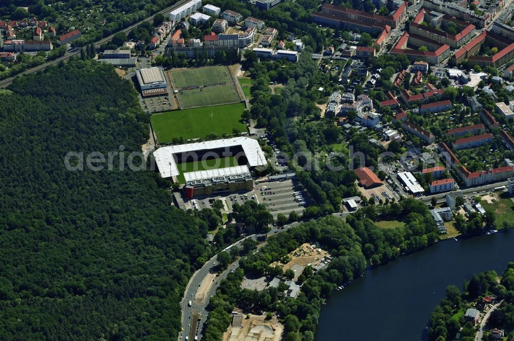 Berlin from above - View of the Berlin-Koepenick part of the district of Treptow-Koepenick in Berlin. The northern most part of Koepenick is located on the edge of the Wuhlheide forest region and is the site of the football stadium An der alten Foersterei, the home stadium of the 1st FC Union Berlin, which is located on the An der Wuhlheide street