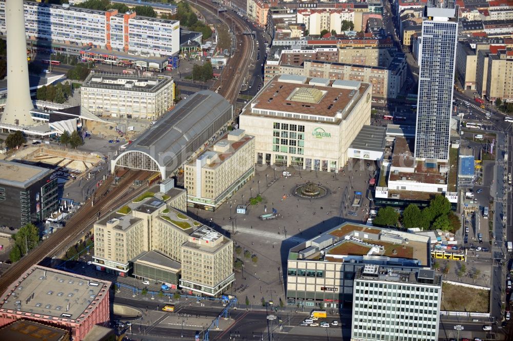 Berlin from the bird's eye view: View of the Alexanderplatz in the district Mitte of Berlin. The Alexanderplatz in one of the most important interchange in Berlin. Furthermore are many shopping facilities and sights located there like the TV- Tower, Galeria Kaufhof, Alexa