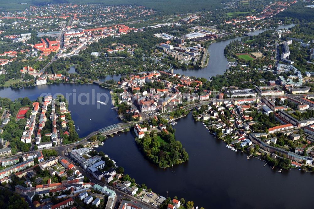 Aerial image Berlin - City view overlooking the Old Town in the Köpenick district of Berlin. The Köpenick Town Hall is listed as a landmark since 1982. Also visible is the Schlossinsel with Castle Köpenick. The Berlin-Köpenick district is located on the banks of the rivers Dahme and Müggelspree