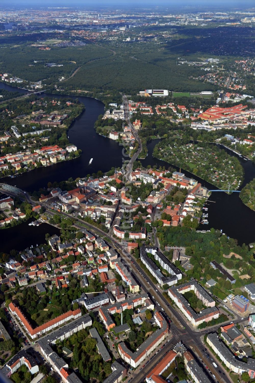 Berlin from above - City view overlooking the Old Town in the Köpenick district of Berlin. The Köpenick Town Hall is listed as a landmark since 1982. Also visible is the Schlossinsel with Castle Köpenick. The Berlin-Köpenick district is located on the banks of the rivers Dahme and Müggelspree