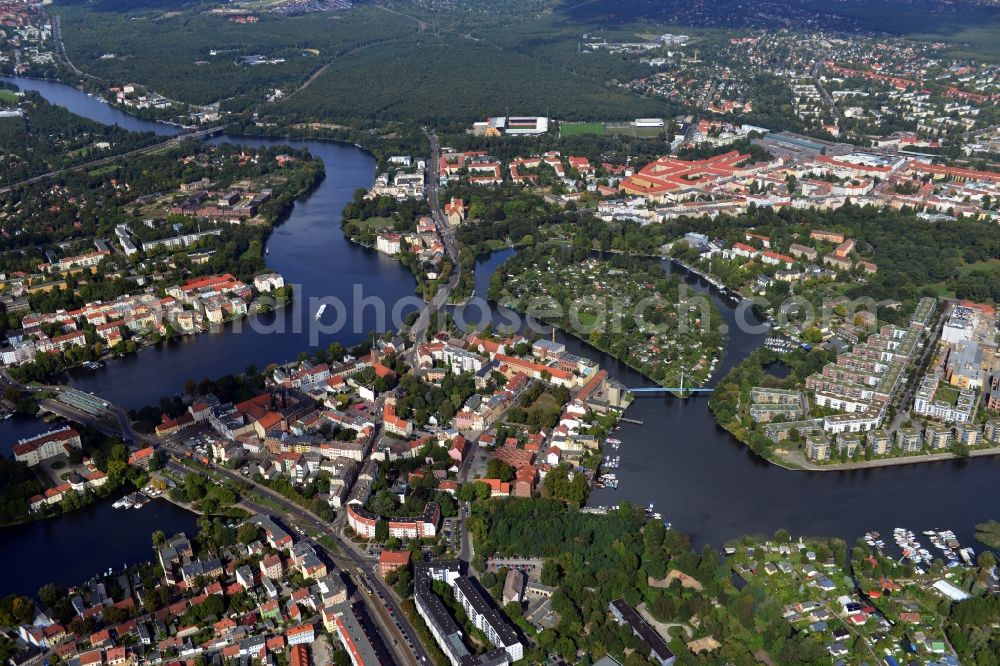 Berlin from the bird's eye view: City view overlooking the Old Town in the Köpenick district of Berlin. The Köpenick Town Hall is listed as a landmark since 1982. Also visible is the Schlossinsel with Castle Köpenick. The Berlin-Köpenick district is located on the banks of the rivers Dahme and Müggelspree