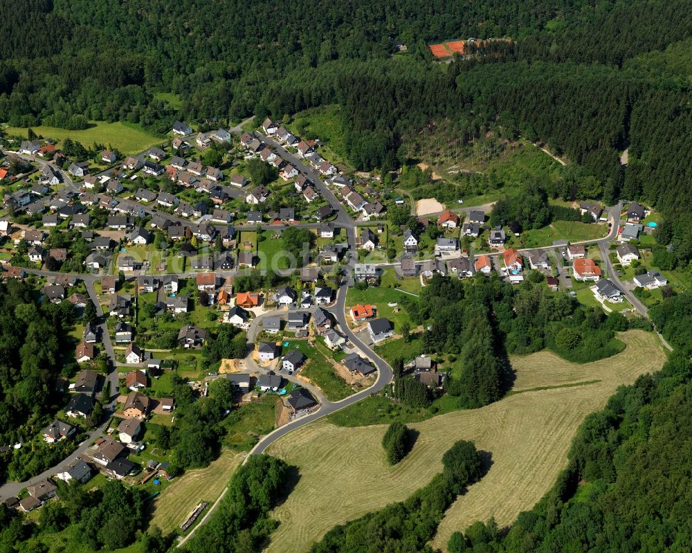 Brachbach from above - City view of the borough Brachbach in Kirchen (Sieg) in Rhineland-Palatinate. The town is a recognized health resort in the southwestern part of Siegerlands