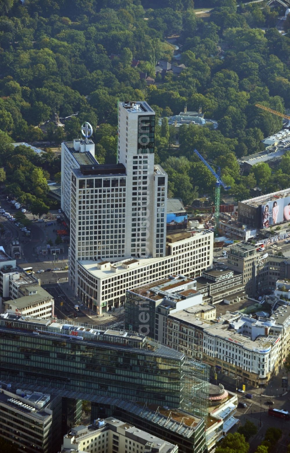 Berlin from above - View of the Breitscheidplatz with the Zoofenster and the Kaiser-Wilhelm-Gedächtniskirche. The Zoofenster owes its name to the opposite zoo. It was designed by Christoph Mäckler